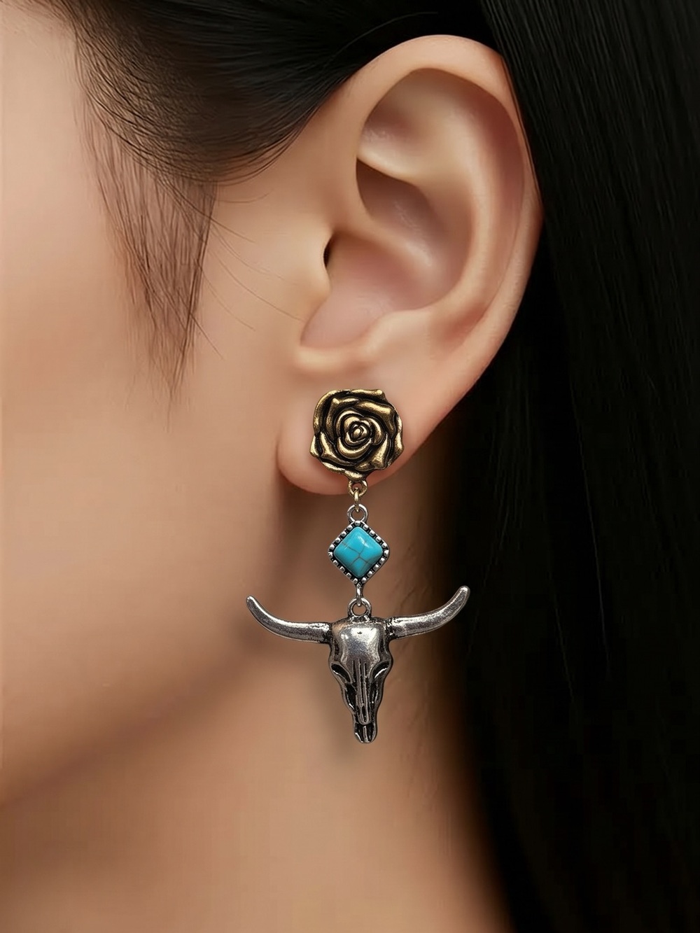 NWT Silver Steer Skull Turquoise Dangle on Rose Stud